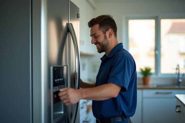 टेक्नीशियन मुस्कुराते हुए काम कर रहा है