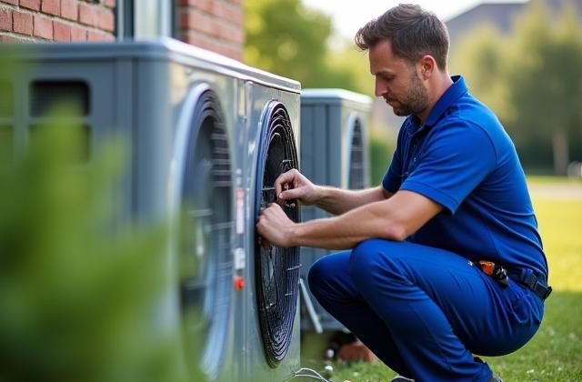 AC यूनिट की सर्विसिंग करता तकनीशियन